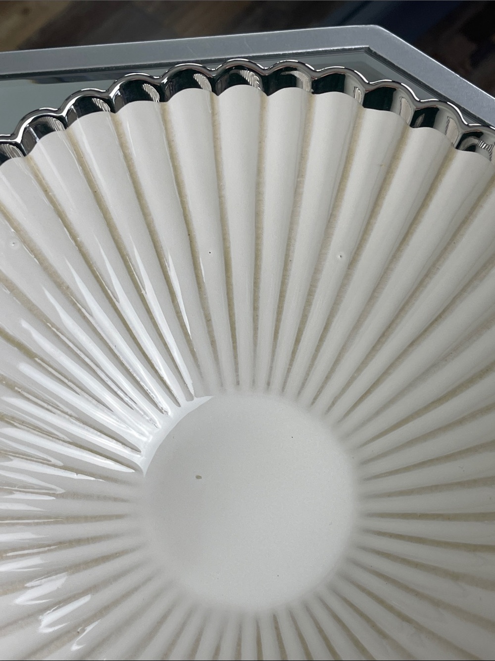 HomeGoods 10" Cream Ribbed Serving Bowl with Silver Rim - Picture 3 of 4